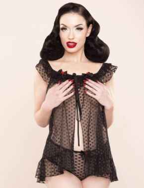 BP037D Playful Promises Bettie Page Dot Babydoll And Brief - BP037D Black