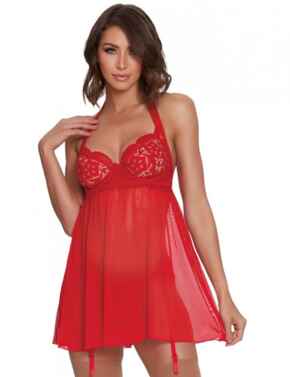 11456 Dreamgirl Venice Embroidery Lace Garter Babydoll Set  - 11456 Red