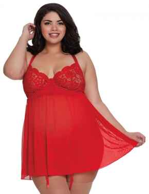 11456X Dreamgirl Plus Size Venice Embroidery Lace Garter Babydoll Set - 11456X Red