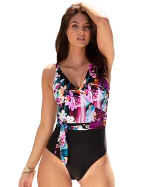 Pour Moi Orchid Luxe Wrap Belted Control Swimsuit Cassis/Black