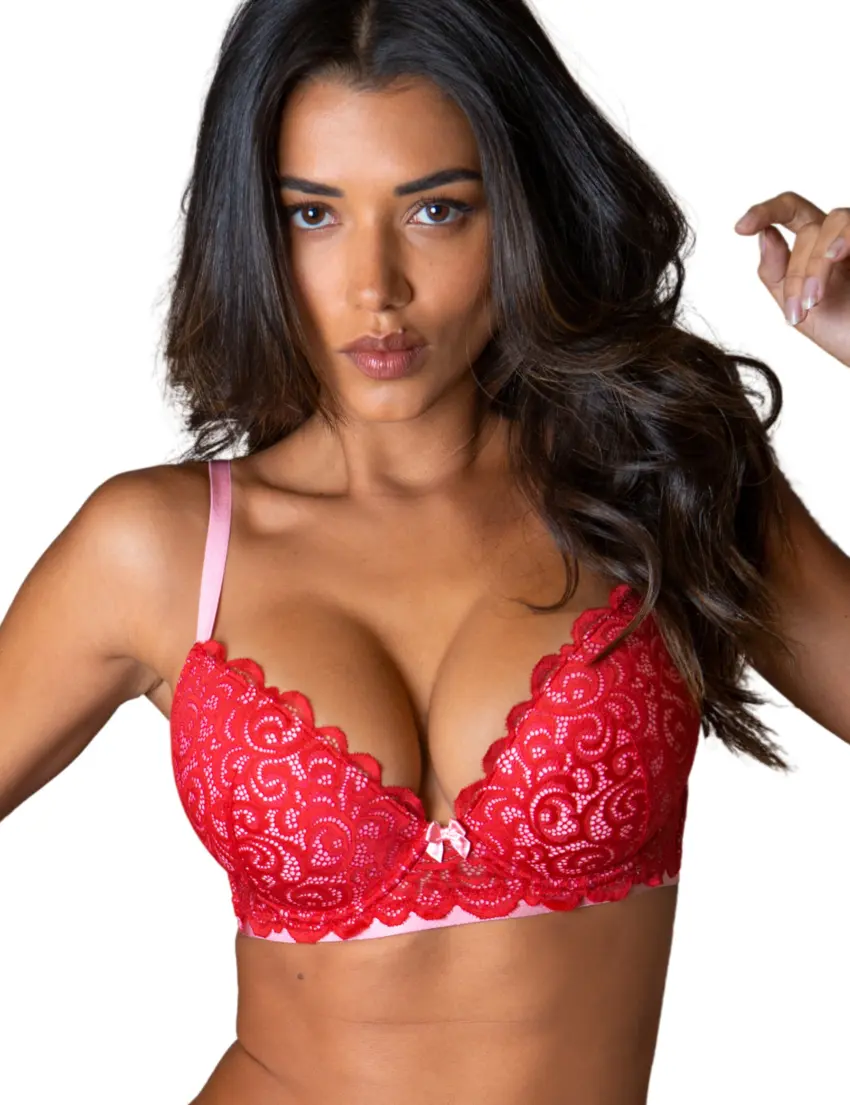 183002 Pour Moi Romance Plunge Push-Up Bra - 183002 Red/Pink