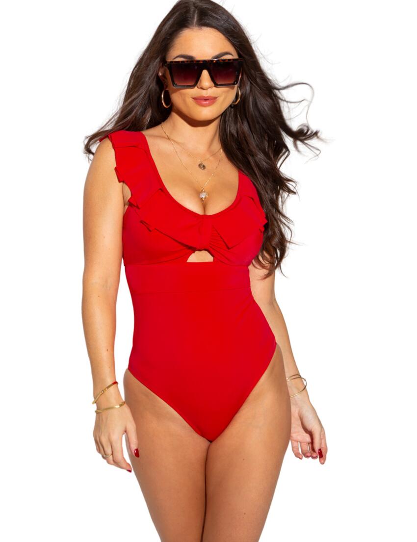 Pour Moi Space Frill Swimsuit Red