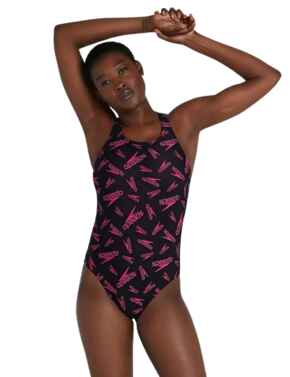 Speedo Boom Logo Allover Medallist Swimsuit  Black/Pink
