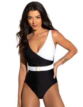 Pour Moi Control suit Wrap Front Belted Control Swimsuit Black/White