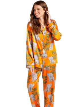 Chelsea Peers Satin Elephant Print Long Pyjama Set Orange 