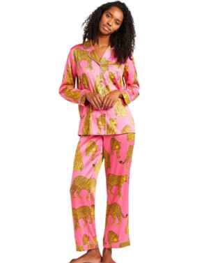 Chelsea Peers Satin Leopard Button Up Pyjama Set Pink 