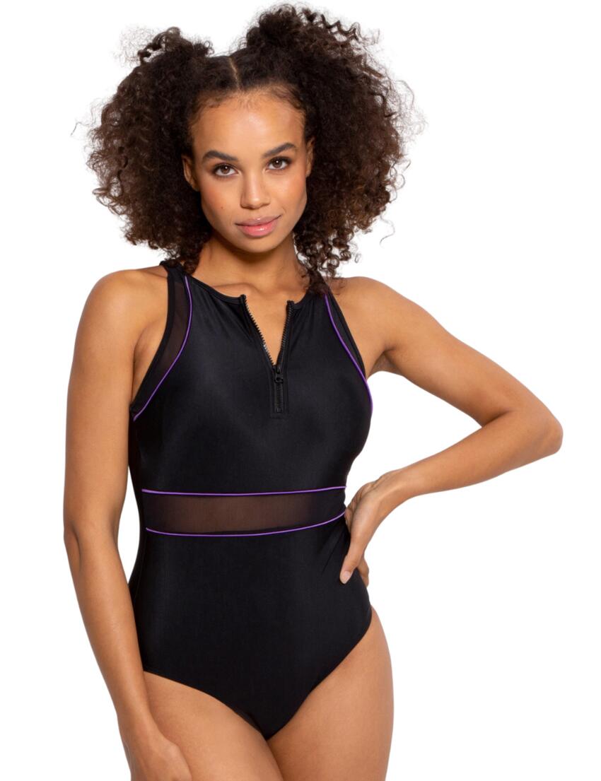 Pour Moi Energy Recycled Material High Neck Swimsuit Black/Purple