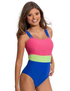 Pour Moi Palm Springs Colour Block Tummy Control Swimsuit Ultramarine/Pink/Citrus