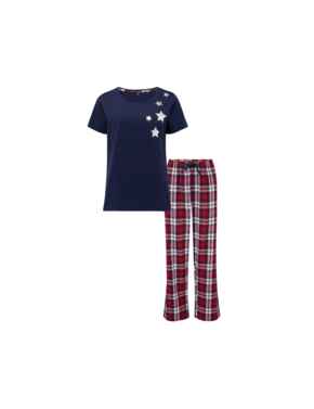  Pour Moi Cosy Check Trouser and Jersey Tshirt Pyjama Set Navy/Red