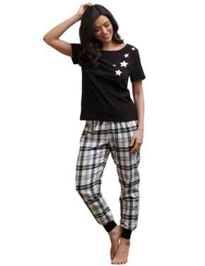 Pour Moi Cosy Check Trouser and Jersey TShirt Pyjama Set Black/Ivory