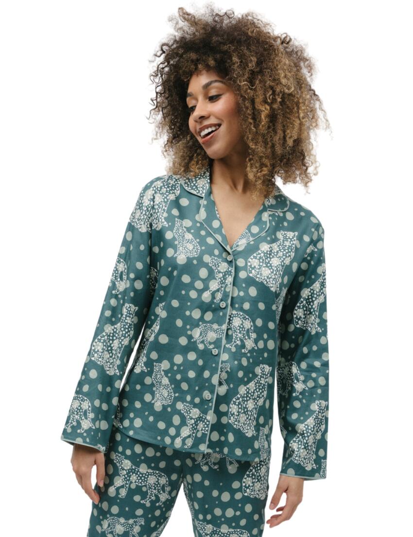 Cyberjammies Hannah Pyjama Top Green Leopard Print