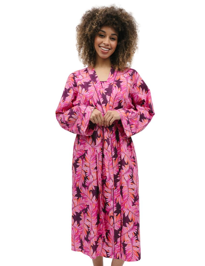 Cyberjammies Carina Long Dressing Gown Magenta Palm Leaf Print