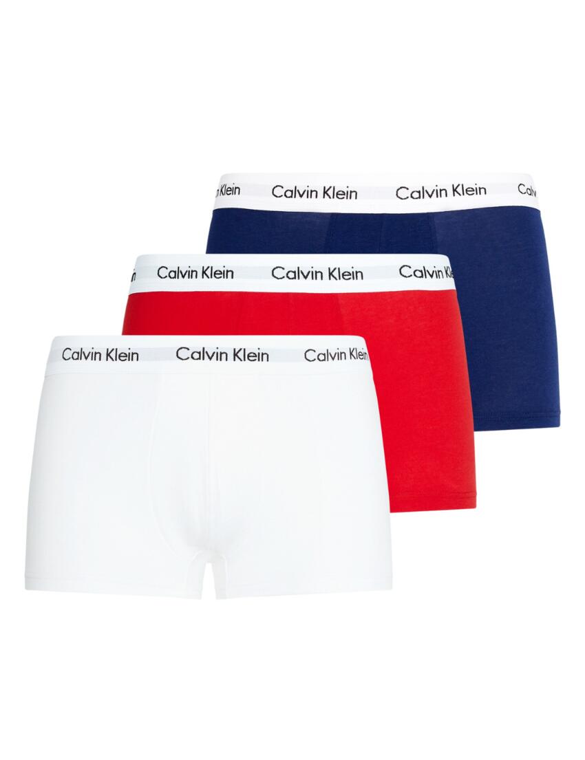 0000U2664G Calvin Klein Mens Cotton Stretch Three Pack Trunks  - 0000U2664G White/Red Ginger/Pyro Blue 