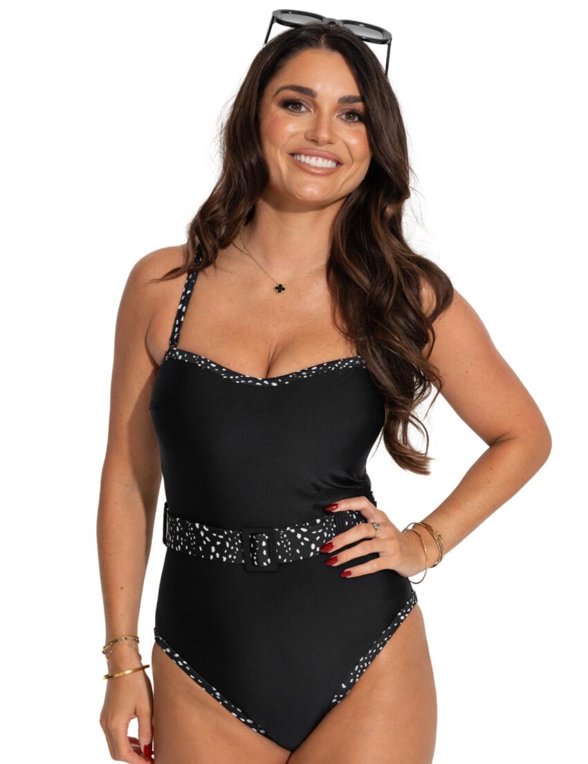 Pour Moi Rhodes Belted Removable Straps Tummy Control Swimsuit Black/White