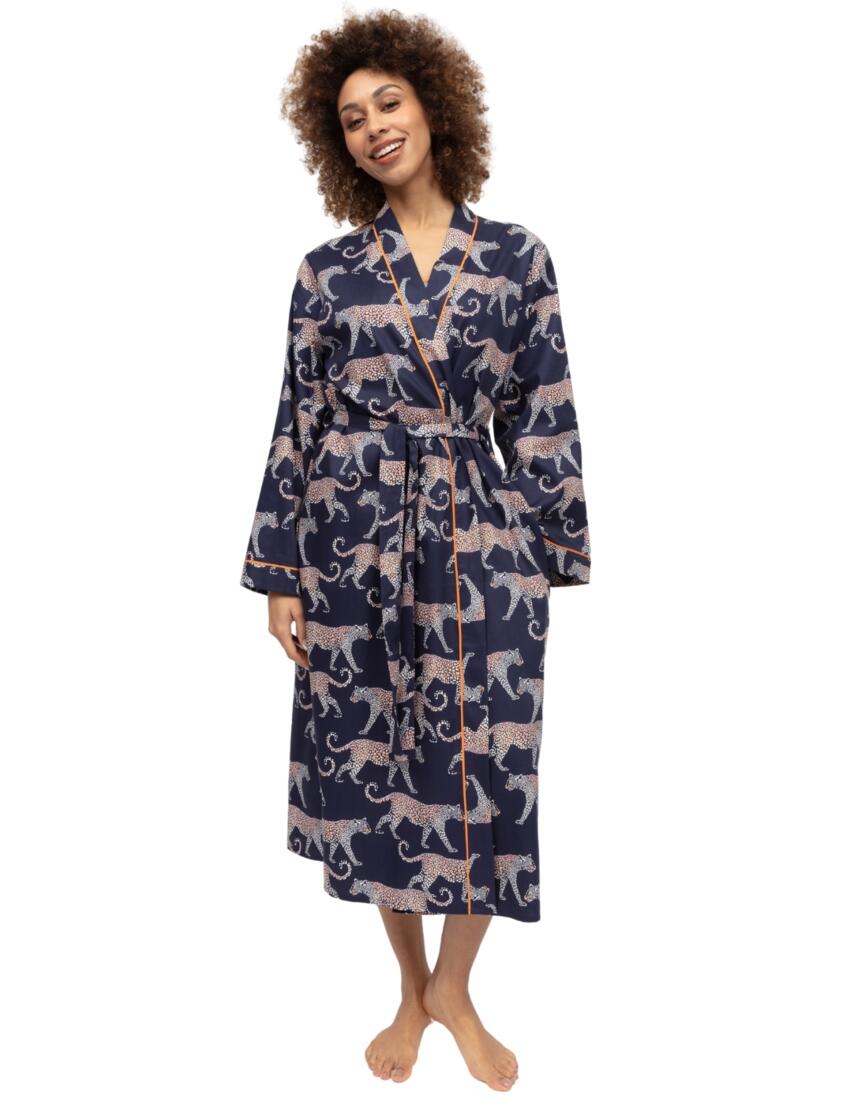Cyberjammies Taylor Leopard Print Long Dressing Gown Navy Mix