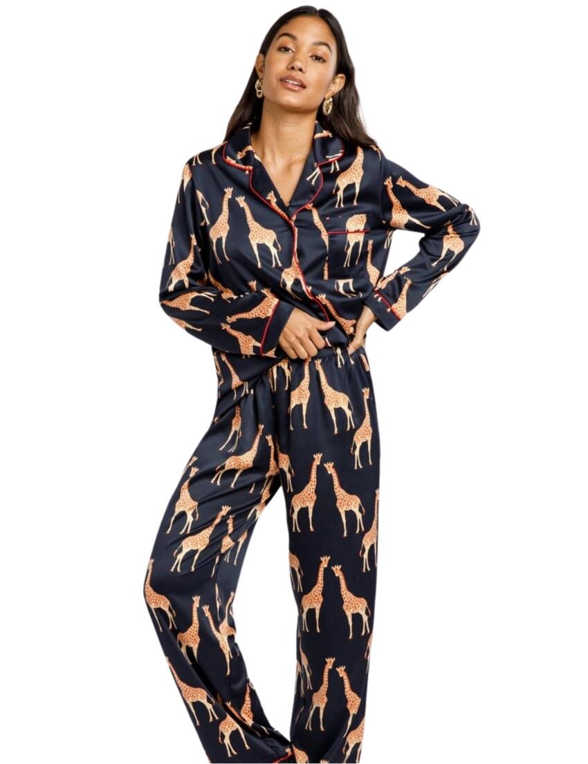 Chelsea Peers Satin Pyjama Set Navy Giraffe