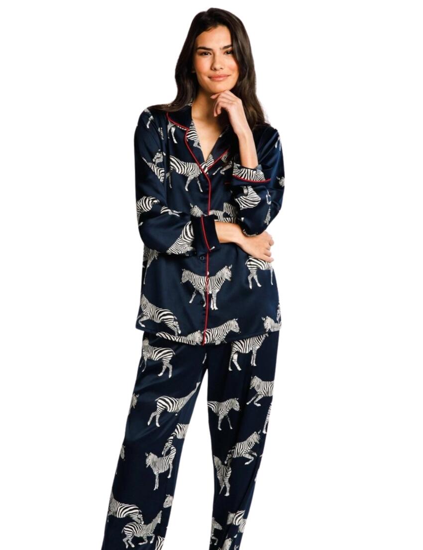 Chelsea Peers Satin Long Pyjama Set Navy Zebra