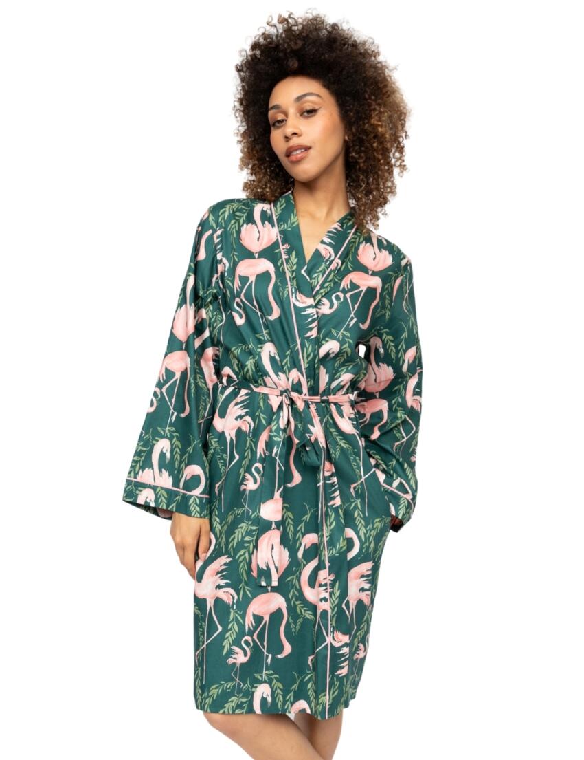 Cyberjammies Ivy Flamingo Print Short Dressing Gown Emerald Green Mix