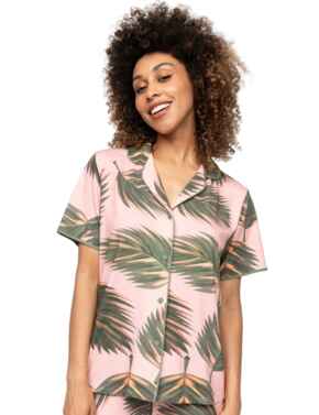 Cyberjammies Lea Leaf Print Jersey Pyjama Top Salmon Pink Mix