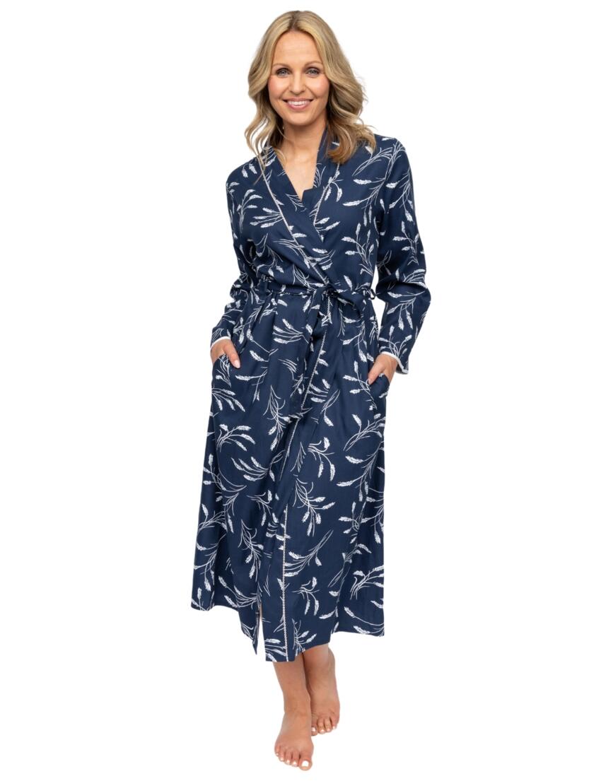 Cyberjammies Nora Rose Louisa Wheatsheaf Print Long Dressing Gown Navy Mix