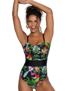Pour Moi Palermo Panelled Tummy Control Swimsuit Black Tropical