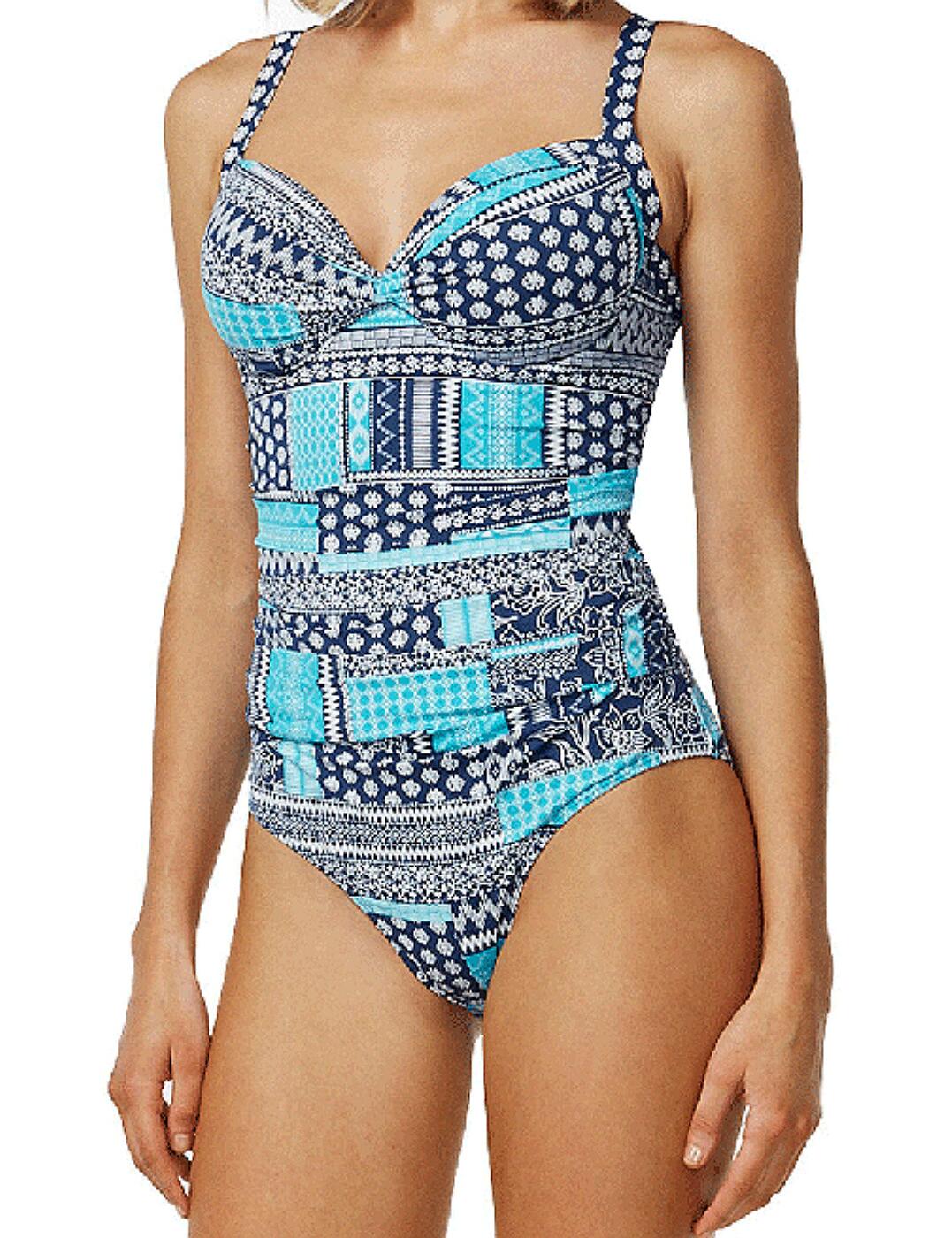 M4458PW Moontide Patchwork Underwired Cross Front Swimsuit - M4458PW Jean/Aqua