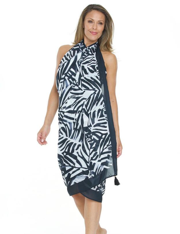 23-3006 SeaSpray Palm Noir Tassel Pareo Sarong - 23-3006 Black/White