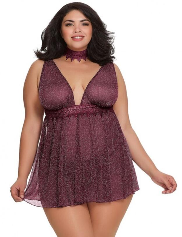 11774X Dreamgirl Soft Shimmer 3 Piece Sparkly Metallic Mesh Babydoll Set  - 11774X Grape