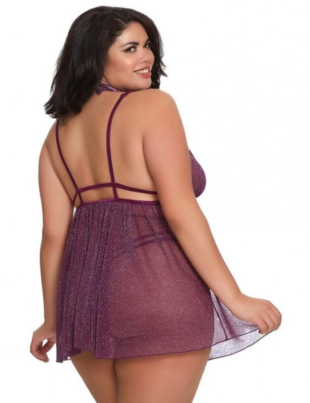 11774X Dreamgirl Soft Shimmer 3 Piece Sparkly Metallic Mesh Babydoll Set  - 11774X Grape