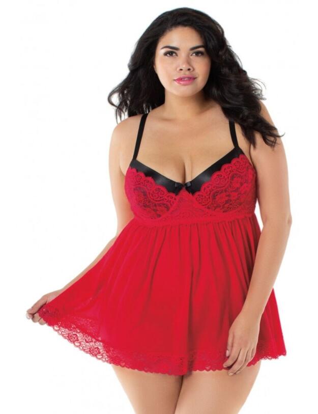 11020X Dreamgirl Plus Size Sheer Babydoll and Thong Set - 11020X Ruby