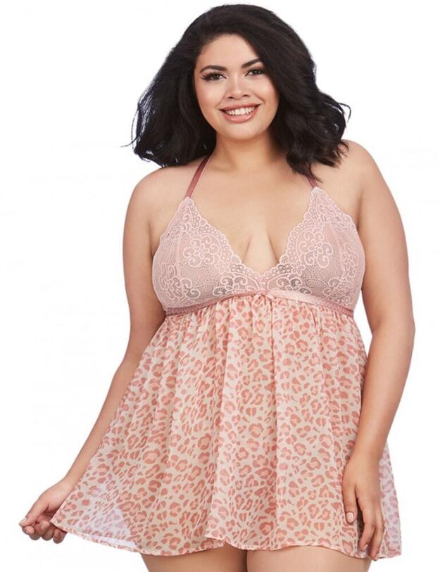 11810X Dreamgirl Plus Size Stretch Lace Babydoll & Thong Set - 11810X Pink Leopard