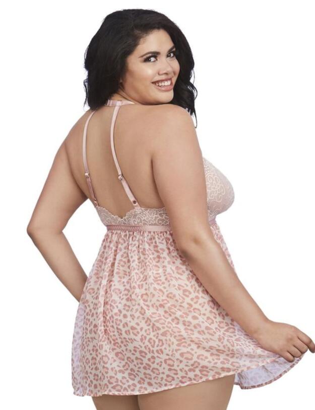11810X Dreamgirl Plus Size Stretch Lace Babydoll & Thong Set - 11810X Pink Leopard