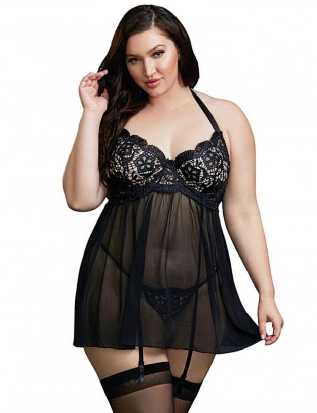11456X Dreamgirl Plus Size Venice Embroidery Lace Garter Babydoll Set - 11456X Black