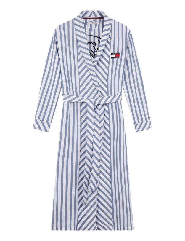 UW0UW02326 Tommy Hilfiger Signature Logo Striped Robe Dressing Gown - UW0UW02326 Coastal Fjord