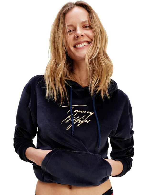 UW0UW02532 Tommy Hilfiger Signature Logo Velour Hoodie Top - UW0UW02532 Desert Sky 