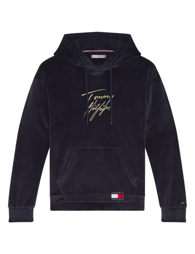 UW0UW02532 Tommy Hilfiger Signature Logo Velour Hoodie Top - UW0UW02532 Desert Sky 