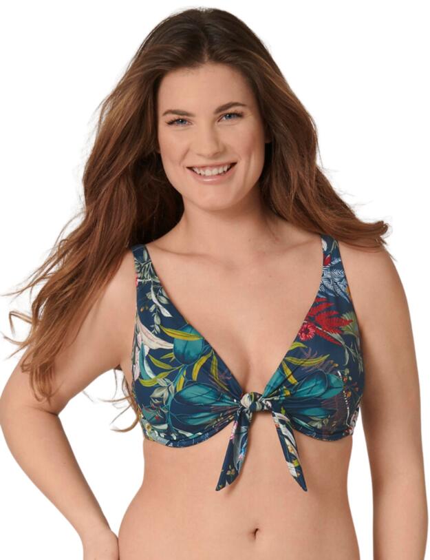 Triumph Botanical Leaf Plunge Bikini Top Blue- Dark Combination