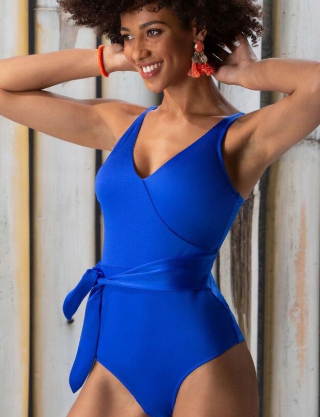 Pour Moi Azure Wrap Belted Control Swimsuit Deep Blue