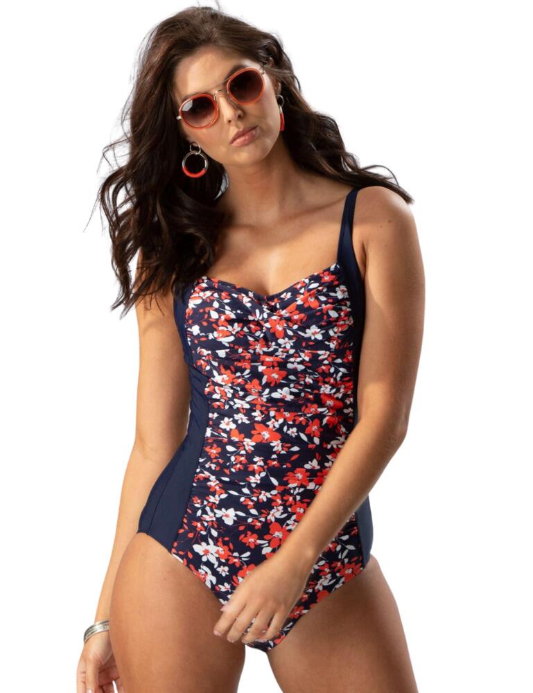 Pour Moi Flower Twisted Front Control Swimsuit in Coral