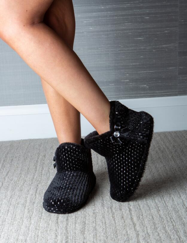 Pour Moi Diamante Trim Faux Fur Bootie Slipper Black