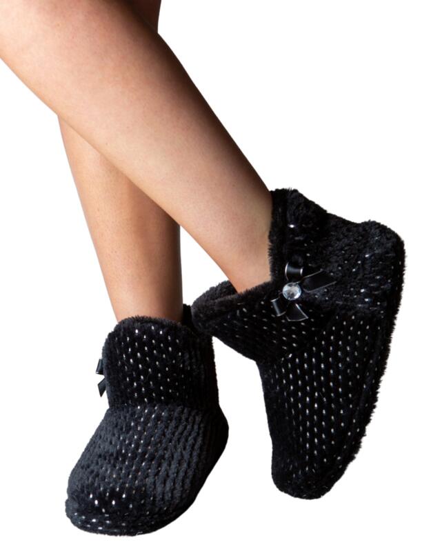  Pour Moi Diamante Trim Faux Fur Bootie Slipper Black
