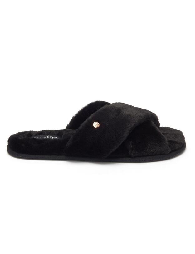 Pour Moi Faux Fur Crossover Slider Slipper Black