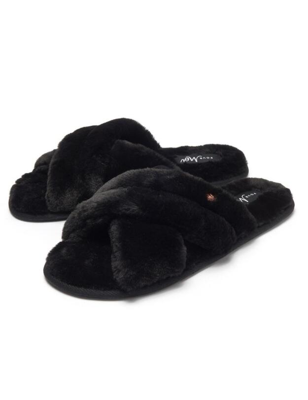 Pour Moi Faux Fur Crossover Slider Slipper Black