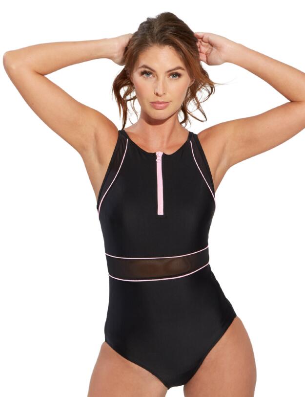 Pour Moi Energy Chlorine Resistant High neck Zip Front Swimsuit Black/Pink