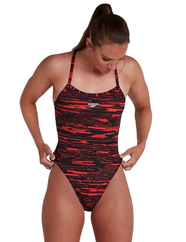 Speedo Allover Turnback Swimsuit Black/Red 