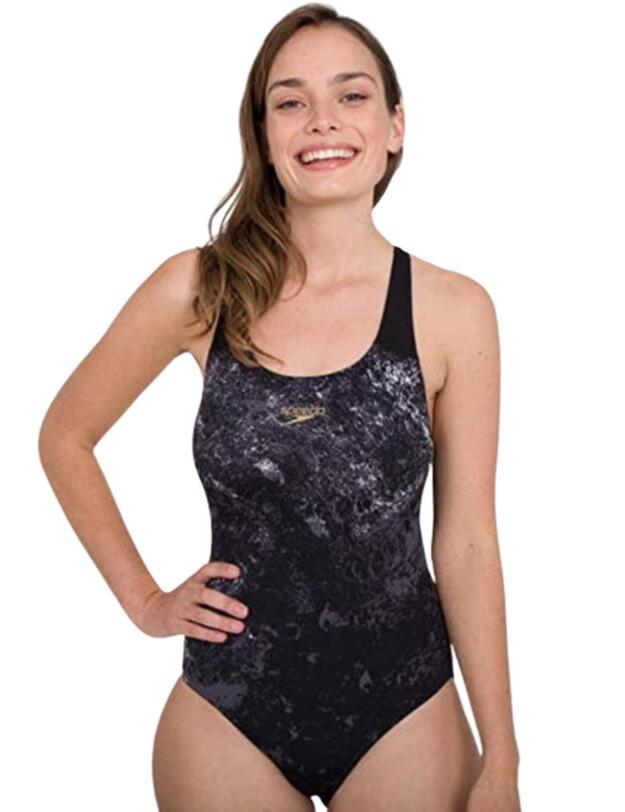 Speedo Placement Powerback Swimsuit Black/White 