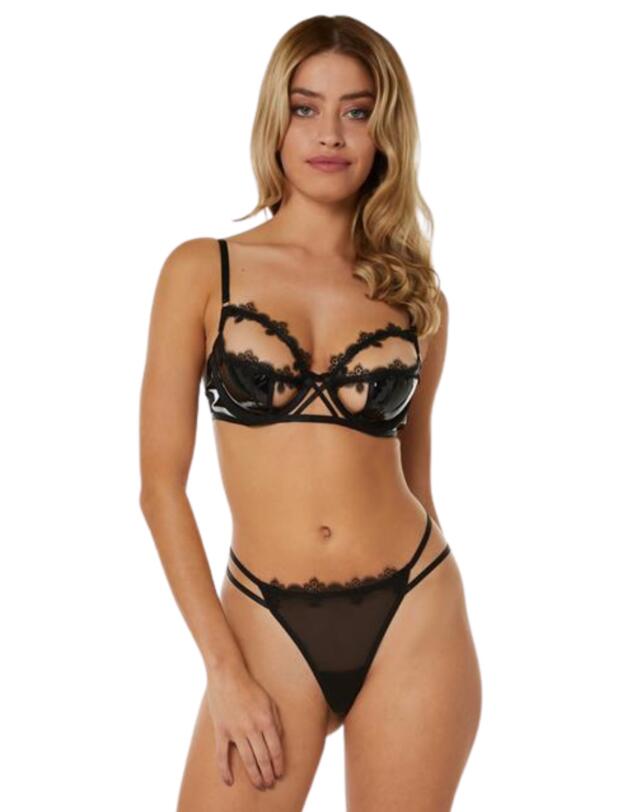 Playful Promises Brea Black Cut Out PVC And Lace Trim Thong Black 