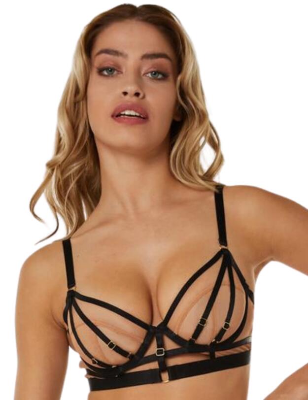 Playful Promises Willa Thick Strap Illusion Mesh Longline Bra Black 