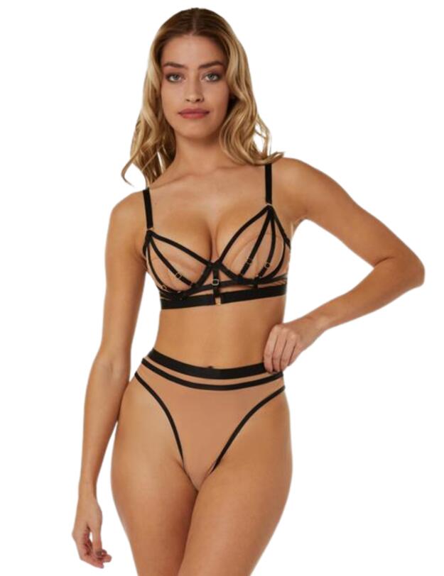  Playful Promises Willa Thick Strap Illusion Mesh High Waist Thong Black 