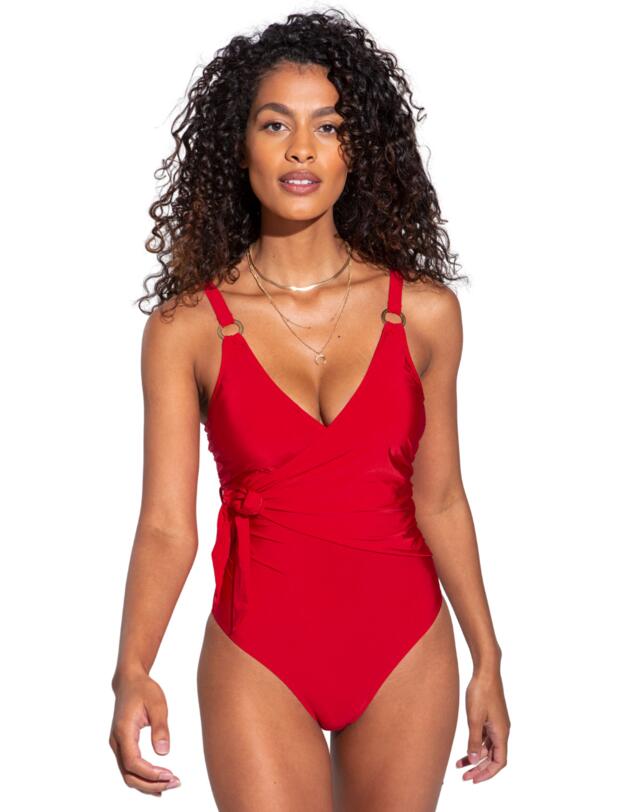 Pour Moi Samoa Wrap Over Control Swimsuit Red